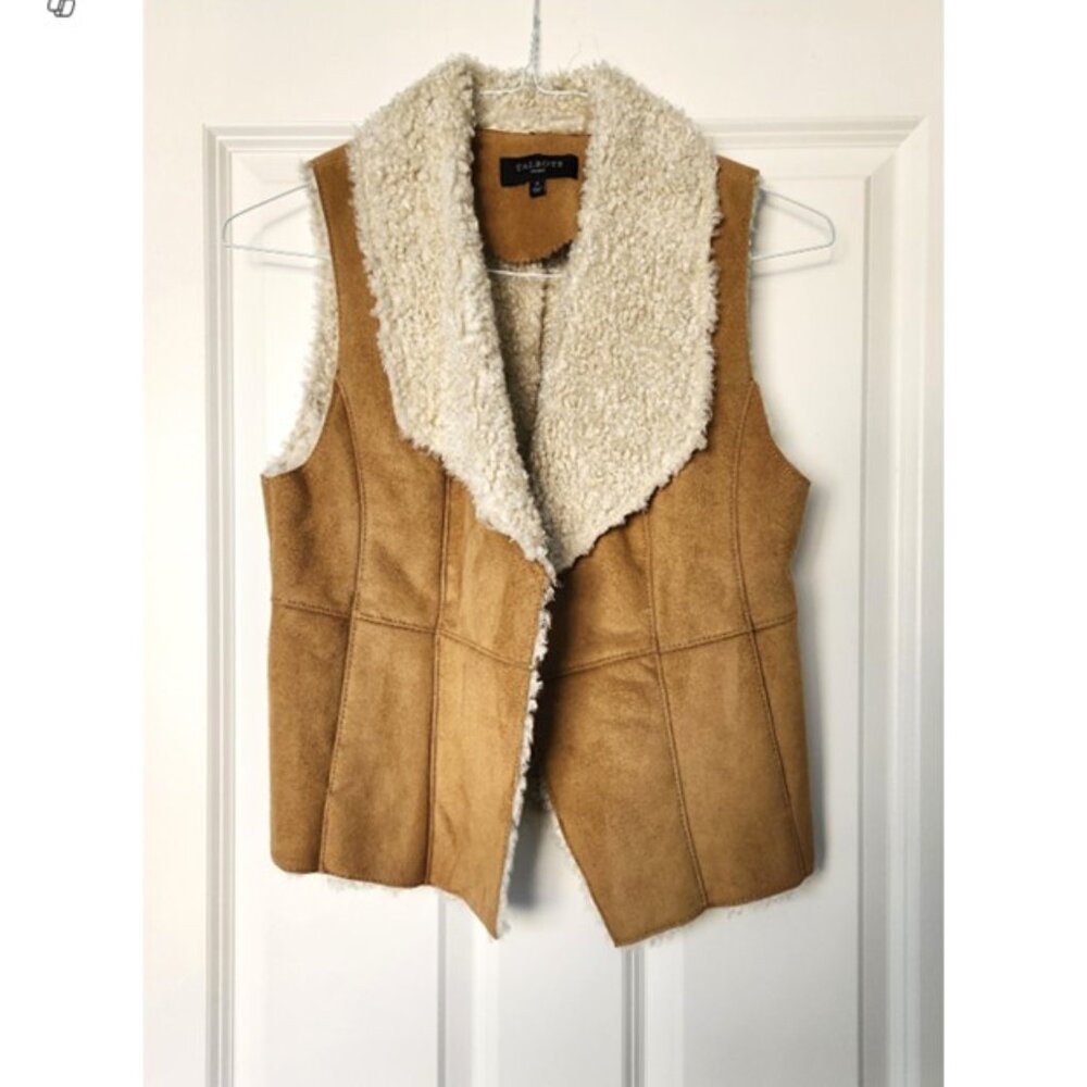 Talbots Faux Suede Shearling Open Front Fleece Collared Sherpa Vest